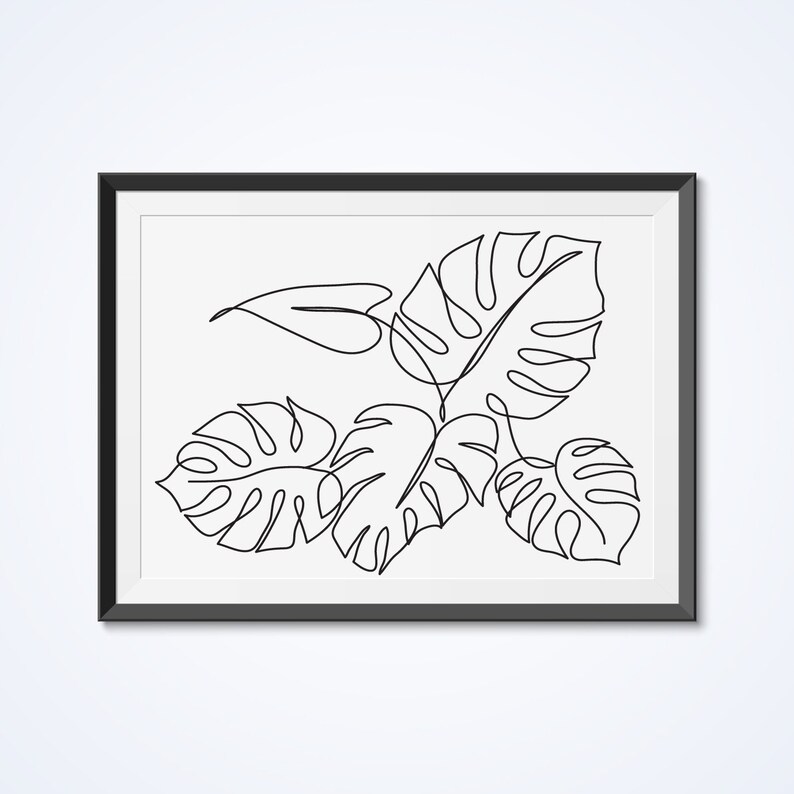 May include: A black and white line drawing of tropical leaves in a black frame. The leaves are drawn in a continuous line style.