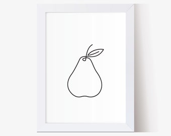 Abstract pear fruit line art, Pear wall art, Minimalist kitchen decor. Single line drawing, Modern art, Pear fruit print, black and white