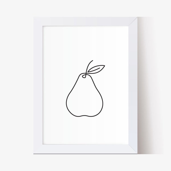 Abstract pear fruit line art, Pear wall art, Minimalist kitchen decor. Single line drawing, Modern art, Pear fruit print, black and white