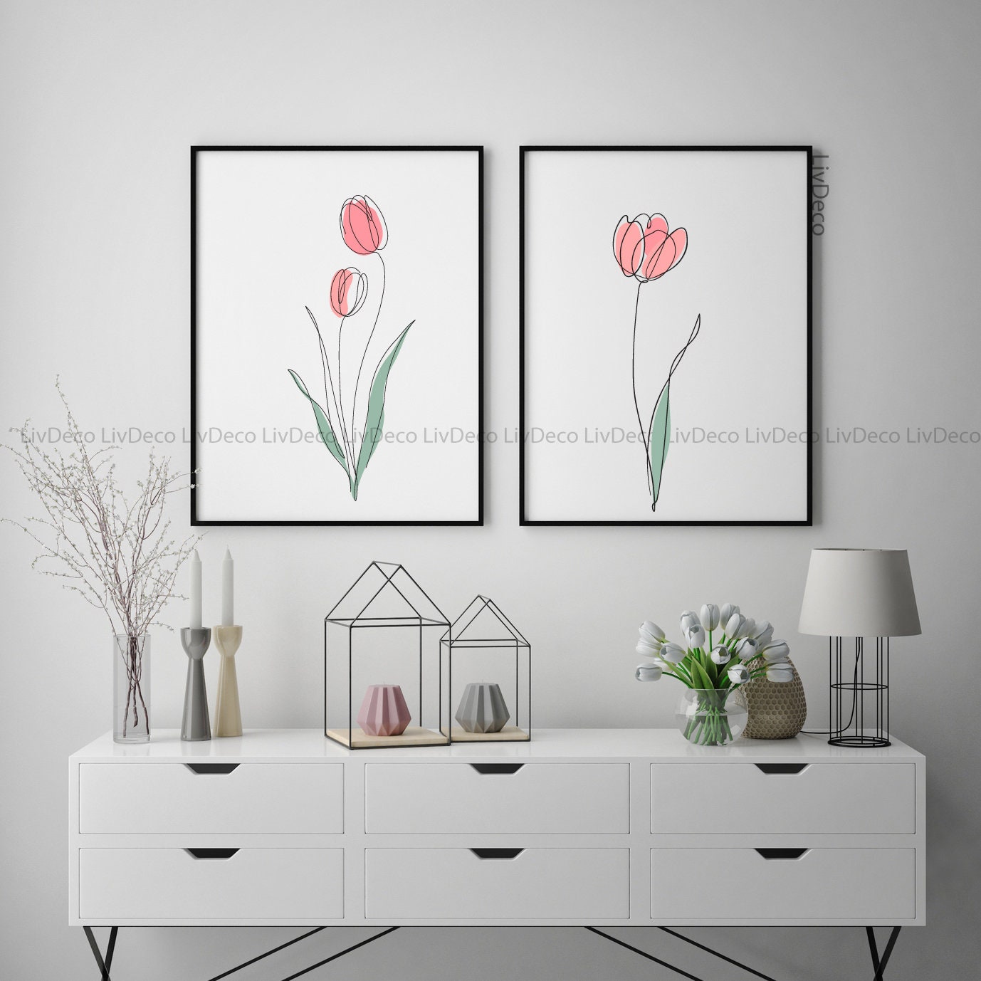 Pink Tulip Flower Line Art Print Single Line Art Plants Wall | Etsy
