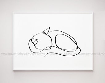 Sleeping Cat Printable wall art, One line drawing, pet portrait, cat lover gift, black and white minimalist art, cat print wall art