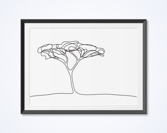 Abstrait arbre imprimé, simple dessin au trait, décoration murale minimaliste, Line art, un dessin au trait, art moderne noir et blanc, affiche de la Nature