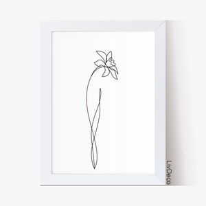 Arte de parede para impressão de flor de narciso, arte minimalista, desenho de uma linha, decoração em preto e branco, pôster de planta abstrata, linha única, contínua