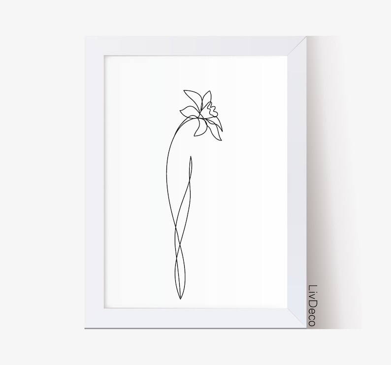 May include: A black and white line drawing of a single daffodil flower in a simple, minimalist style.