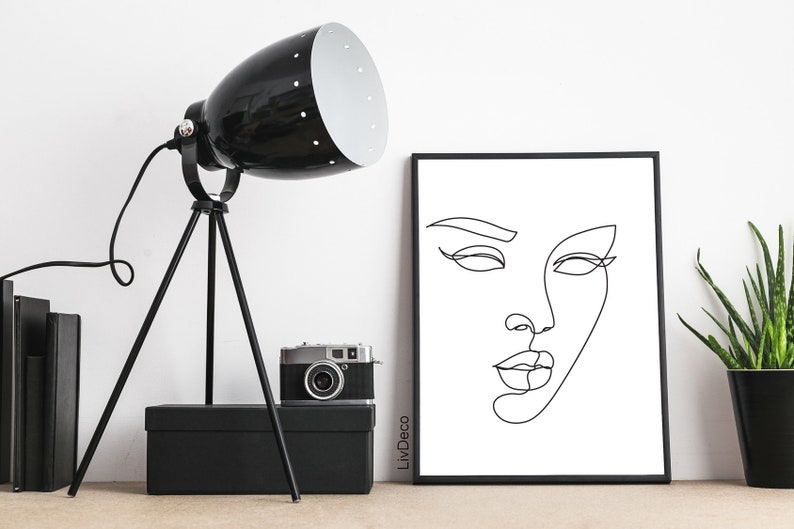 Abstract woman face wall print, one line drawing art, Minimalist modern wall decor, Black and white fashion decor, single line, portrait image 2