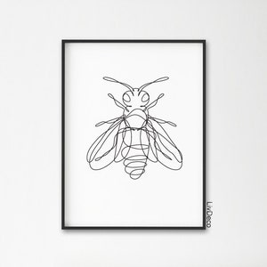 May include: A black and white line drawing of a bee, with the bee's body and wings drawn in a single continuous line.