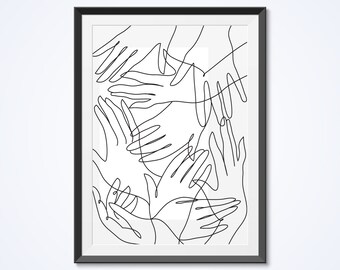 Resumen manos línea dibujo, impresión del arte de pared, arte minimalista, arte moderno blanco y negro, decoración de habitación de Tumblr, dormitorio, decoración de oficina