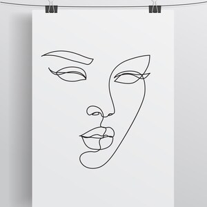 May include: A black and white line drawing of a woman's face. The drawing is minimalist and features only the outline of the face, eyes, nose, and lips.