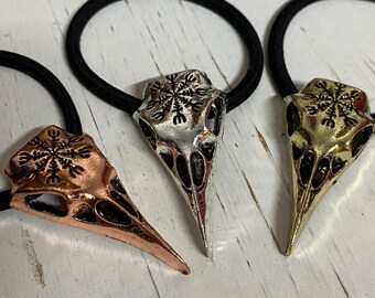 Odin Raven skull hair tie, Helm of Awe, Viking crow skull, hair accessory, Norse runes, Skull, bird skull