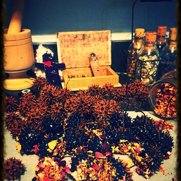 Loaded  witches burr,  sweet gum pods, fire pit