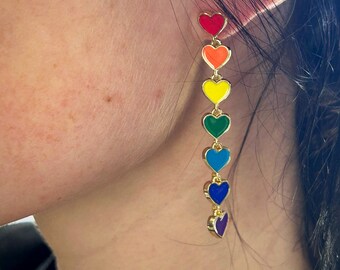 Rainbow heart dangle earrings; Pride earrings; dangle heart earrings; enamel heart earrings