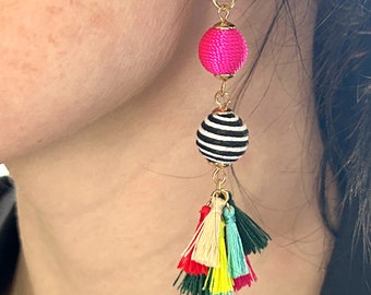 dangle tassel earrings; tassel earrings; ball and tassel earrings; funky tassel earrings