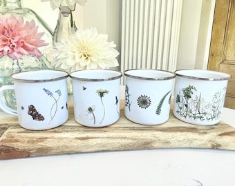 Botanical Enamel mugs. Meadow, Dandelions, Summer Flowers or Peacock Butterfly.