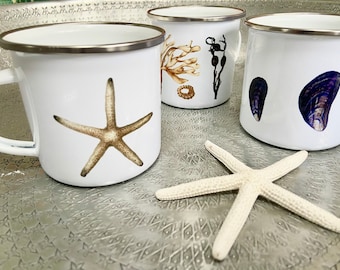 Coastal Enamel mugs. Starfish, mussel shells or seaweed. You choose!