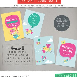 PRINCESS tea party poster pack with 4 editable little bird PRINCESS tea party posters, customizable party posters with acrobat reader