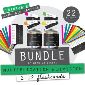 May include: A bundle of printable multiplication and division flashcards. The image features colorful flashcards, two jars labeled "Jackson's Times table challenge" and "Jackson's Division challenge", and the text "BUNDLE" and "22 SHEETS".