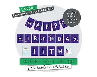 Banderines imprimibles para fiesta de unicornio editables / Banner de cumpleaños de unicornio arcoíris / Descarga instantánea