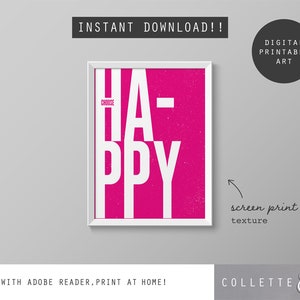 Motivational wall art - CHOOSE HAPPY - digital typographic wall art - inspirational wall art printable - PINK