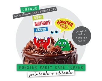 Monster Party Printable Cake Topper | Editable Monster Birthday Cake Decoration | Instant Download