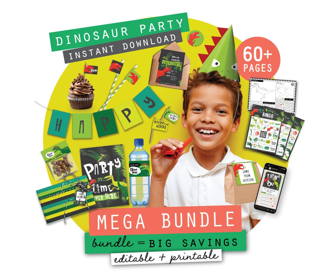 Dinosaur Party Pack Printables | Complete Editable Birthday Party Kit ...