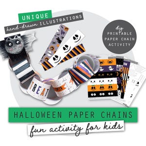 May include: Halloween paper chain activity for kids. The image shows a variety of paper chains with unique, hand-drawn illustrations. The chains feature Halloween-themed designs, including jack-o'-lanterns, ghosts, and spiders. The text on the image says "TREAT".