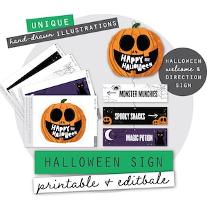 May include: A collection of Halloween-themed signs and illustrations. The image features a smiling jack-o'-lantern, directional signs for 'Monster Munchies', 'Spooky Snacks', and 'Magic Potion', and the text 'Happy Halloween'. The signs are labeled 'Halloween Welcome & Direction Sign'.