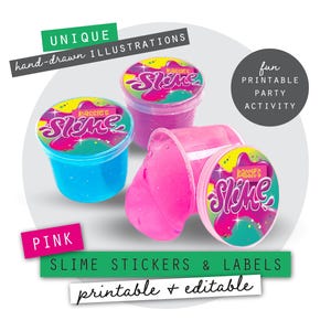 Pode incluir: Imagem de três recipientes de slime, um azul, um rosa e um roxo. Os recipientes têm tampas com o texto "Passie's Slime". A imagem também inclui texto que diz "Unique hand-drawn illustrations", "Pink" e "Slime Stickers & Labels".