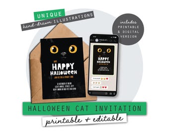 Halloween Cat Party Invitation | Printable or Digital Invite | Instant Download