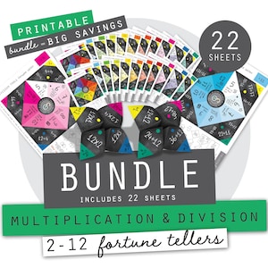May include: A bundle of 22 printable multiplication and division fortune teller sheets. The bundle includes colorful fortune tellers with numbers and equations, and the text "PRINTABLE bundle - BIG SAVINGS" and "BUNDLE INCLUDES 22 SHEETS".