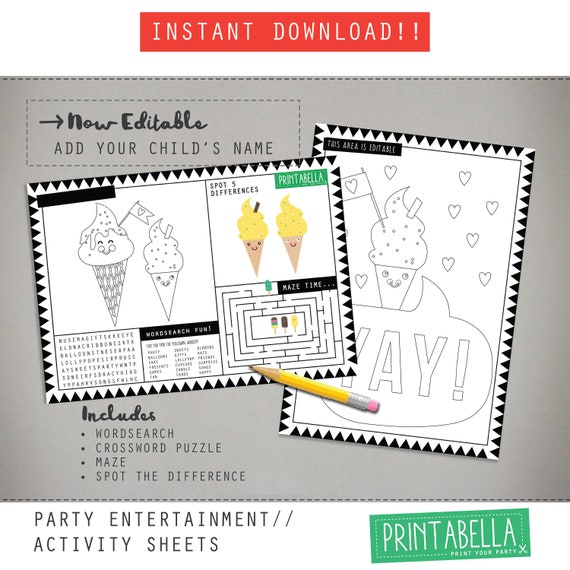ICE CREAM Activity sheets for kids Party entertainment coloring sheets with kids activities summer icecream wordsearch and unicorn crossword Il_570xn