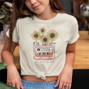 Retro Cassette & Wildflower T-Shirt: 1980s Style Boho Tee