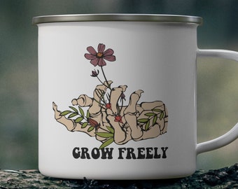 Grow Freely Enamel Mug: Boho Gothic Wildflower Skeleton Coffee Cup