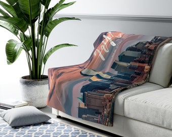 NYC Skyline Sherpa Fleece Blanket: Manhattan Sunset Throw
