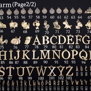 May include: A collection of gold-colored metal charms, including zodiac symbols, animal shapes, and the alphabet. The image is labeled "Charm (Page2/2)" and features various designs for jewelry making or crafting.