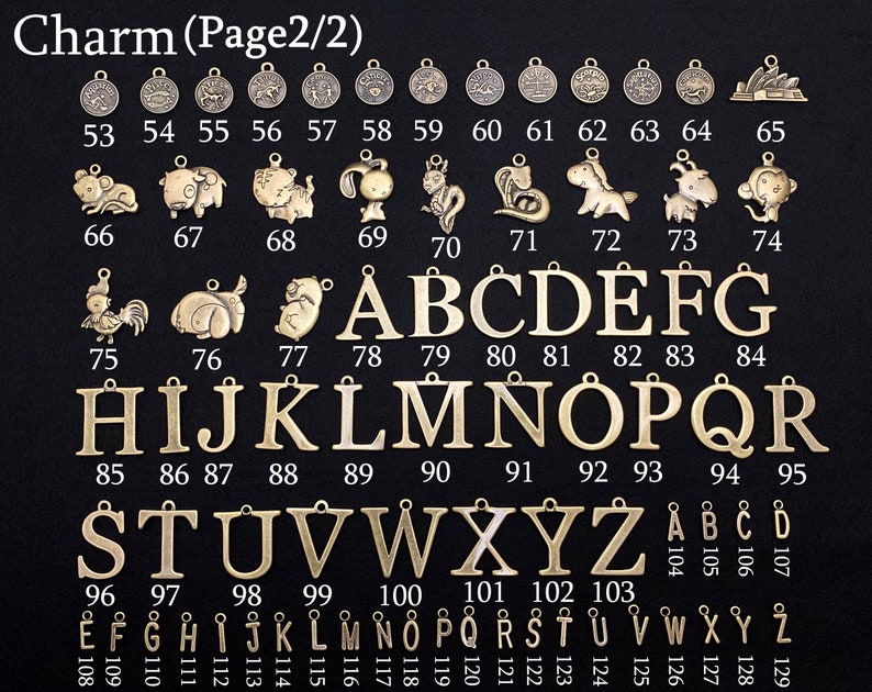 May include: A collection of gold-colored metal charms, including zodiac symbols, animal shapes, and the alphabet. The image is labeled "Charm (Page2/2)" and features various designs for jewelry making or crafting.