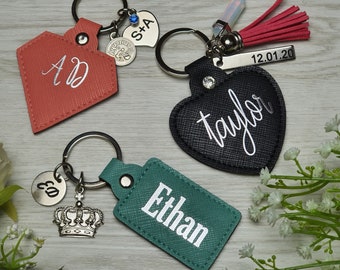 Personalized Leather Heart Keychain, Custom Anniversary Gift, Monogram Keyring, Charm Options, Free name personalized