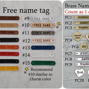 May include: A variety of name tags and charms are displayed. The tags come in various colors, including brown, black, and red, with the text "FREE NAME." Charms include name bars and shapes with initials and names like "JESSICA" and "Sophia."