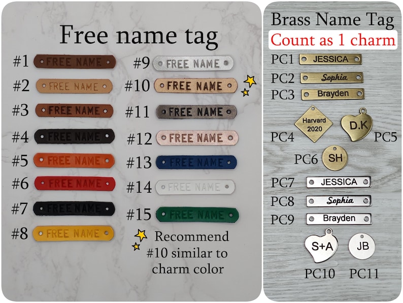 May include: A variety of name tags and charms are displayed. The tags come in various colors, including brown, black, and red, with the text "FREE NAME." Charms include name bars and shapes with initials and names like "JESSICA" and "Sophia."