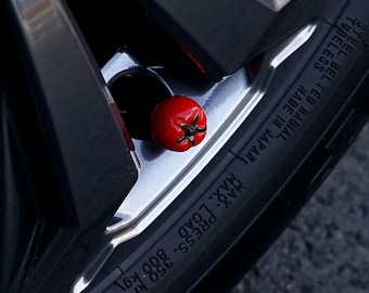 Tapa de válvula de neumático: Tomates verdes, amarillos, naranjas y rojos en maduración.