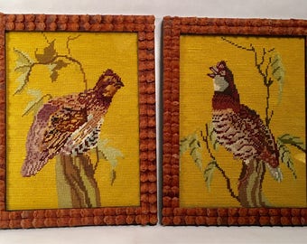 Pair Needlepoint Pheasant, Framed