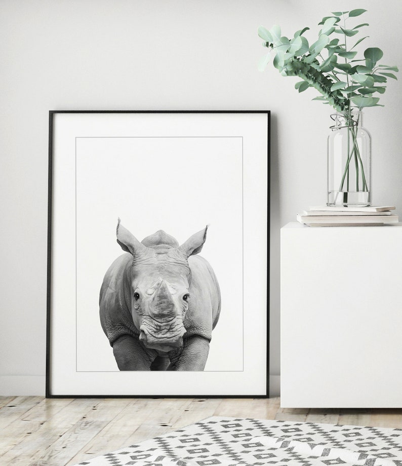 Rhino Print Rhino Decor Black and White Nursery Animal Wall Etsy