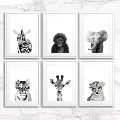 Black and White Safari Animals Prints Set of 6 Green Leaves Etsy