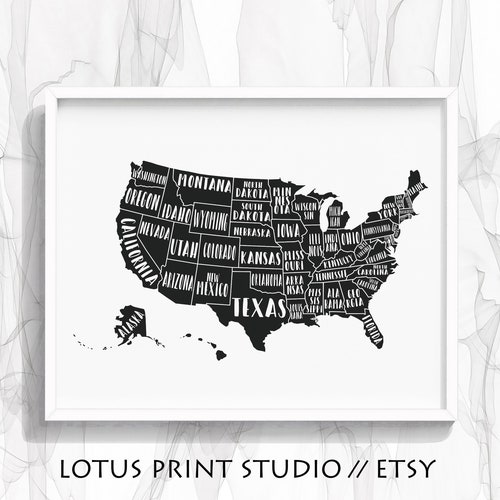 united states map all states named black and white art etsy