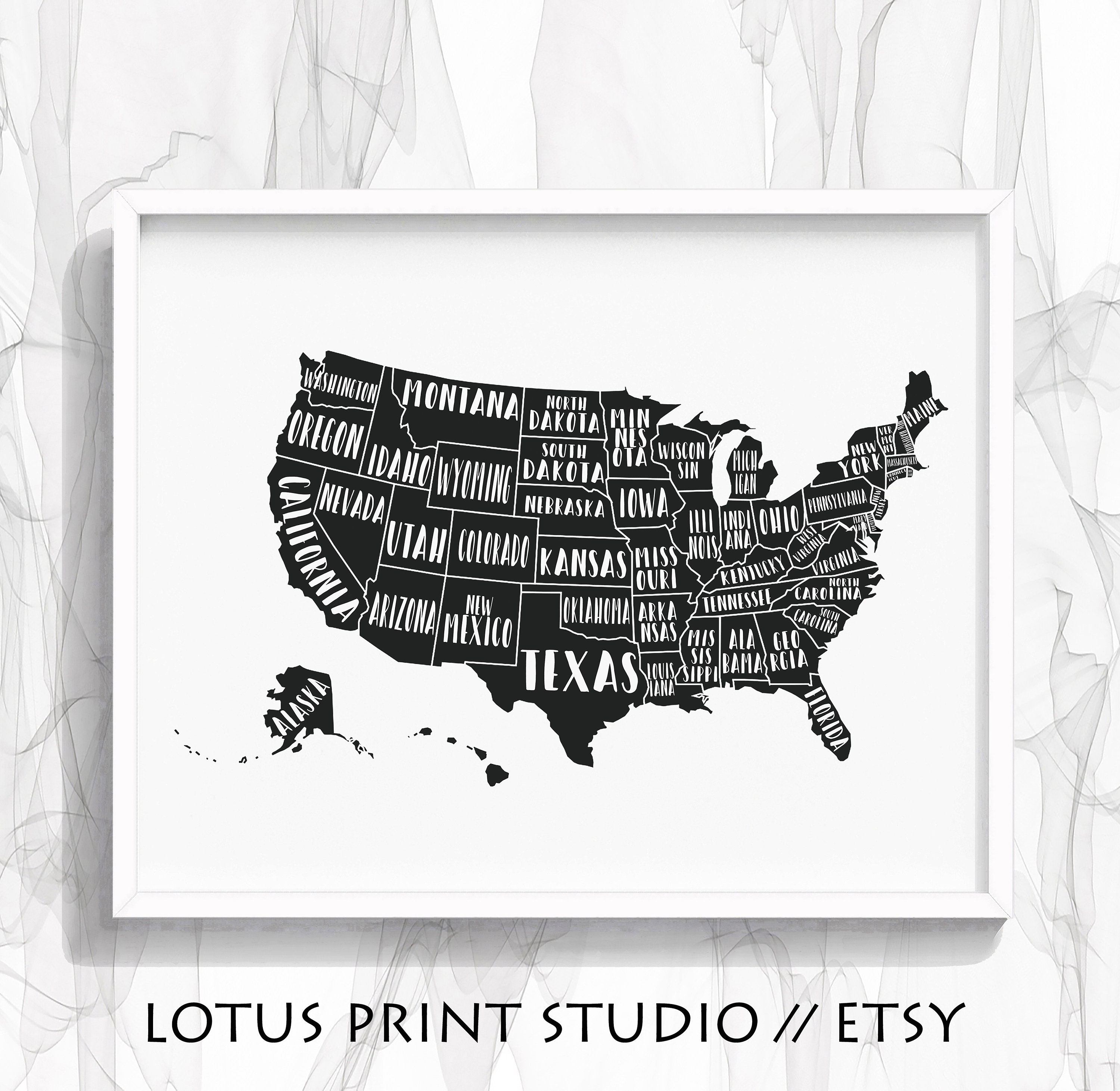 united states map all states named black and white art etsy