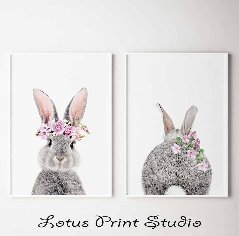 Rabbit Nursery Flower Print Bunny Wall Art Easter Bunny Etsy