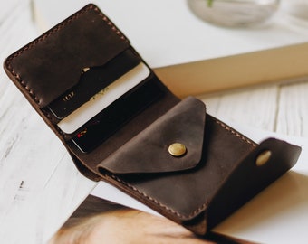 Dark brown mini wallet, Leather wallet women small, personalized wallet for men, custom wallet, cash envelope wallet, 3rd anniversary gift