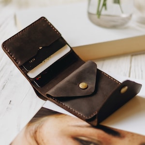 Dark brown mini wallet, Leather wallet women small, personalized wallet for men, custom wallet, cash envelope wallet, 3rd anniversary gift