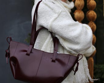 Wine Red Vegan Leather Tote Bag, Everyday Shoulder Handbag with Zipper