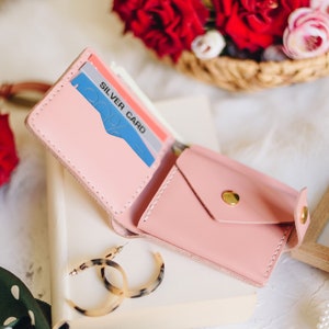 Pink wallet | Leather wallet womens | Mini wallet | Card wallet | Small Womens Wallet | Custom wallet | Bifold wallet | 3rd anniversary gift