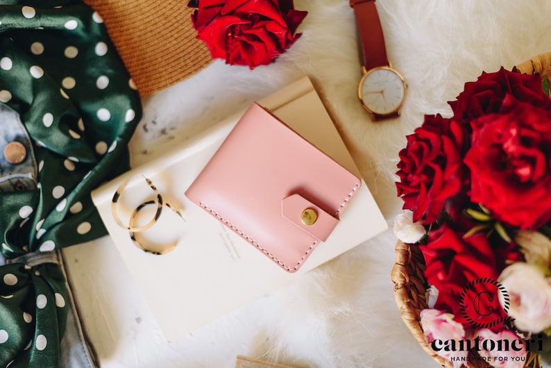 Cartera rosa / Cartera de cuero para mujer / Mini billetera / Cartera de tarjeta / Cartera pequeña para mujer / Cartera personalizada / Cartera plegable / Regalo del 3er aniversario imagen 4
